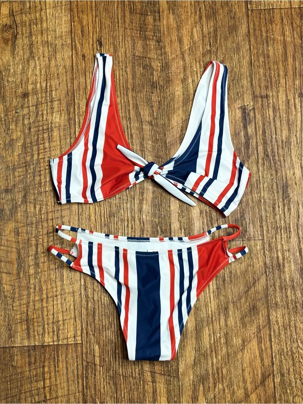 Nautical Red White Blue Striped Bikini Set Size Small Tie Front Strappy Bottoms